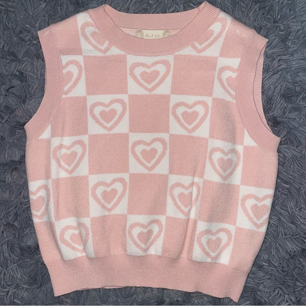 Altar’d State Pink Hearts Checkered Sweater Vest